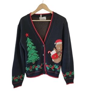 VTG Christmas Sweater Sz M Black 3D-Knit Button-Up Santa Preppy Y2K Festive